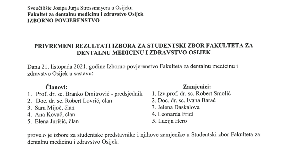 Privremeni rezultati izbora za Studentski zbor Fakulteta za dentalnu medicinu i zdravstvo Osijek