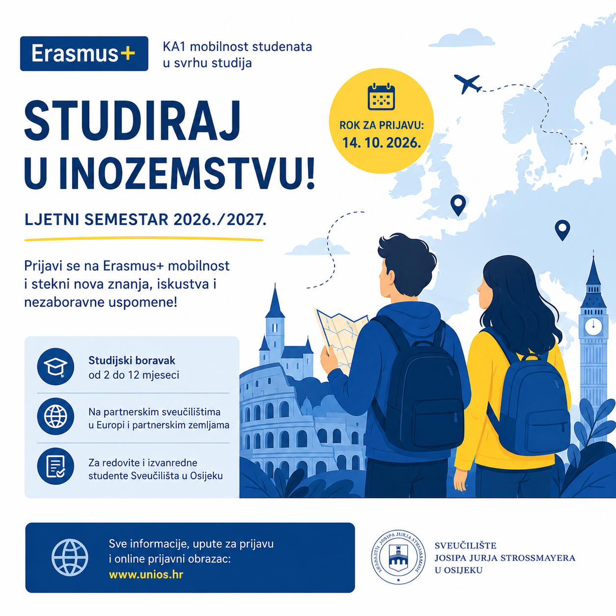 Poziv studentima za prijavu na Erasmus+ studijsku mobilnost u ljetnom semestru 2026./2027.